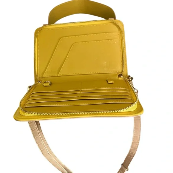 Calpak Travel Croc Wallet Sand and Yellow Handle Adjustable Shoulder Strap